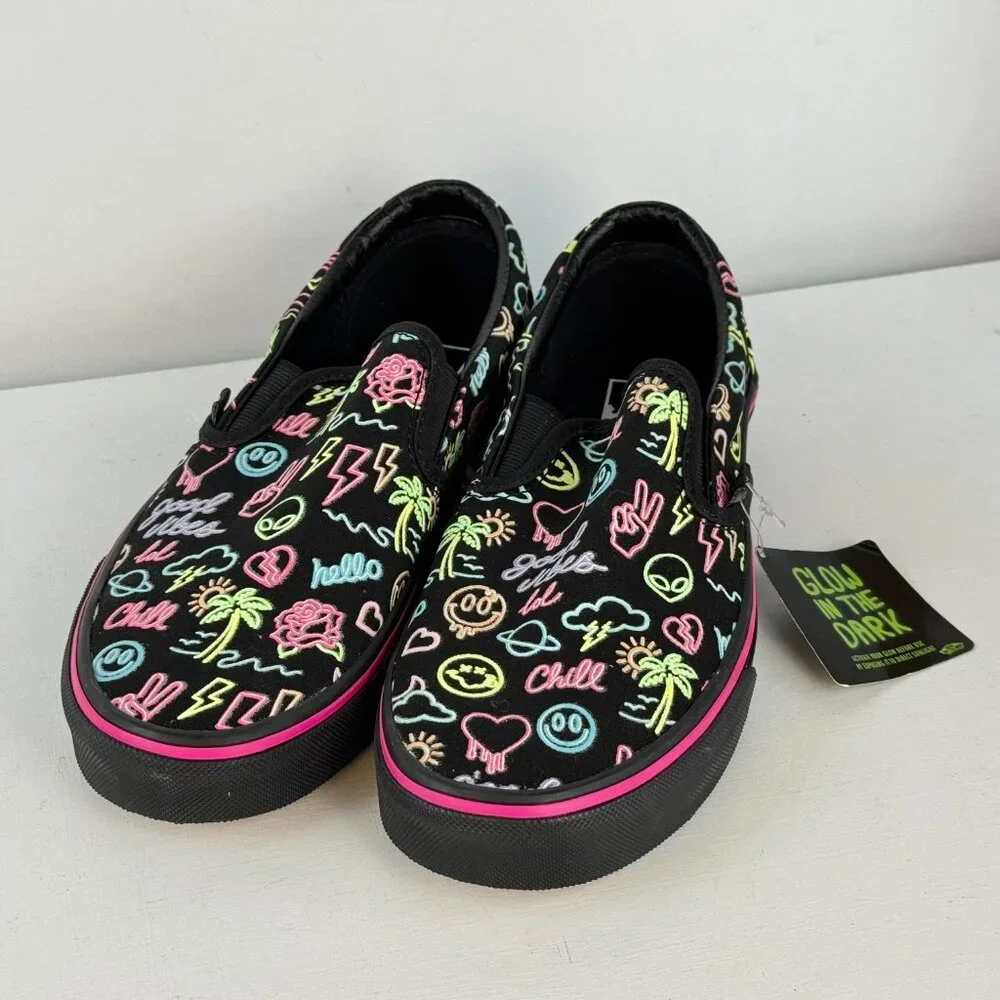 M6 W7.5- Vans Slip-On Glow In The Dark Black Neon Lights Emoji Skate Shoes